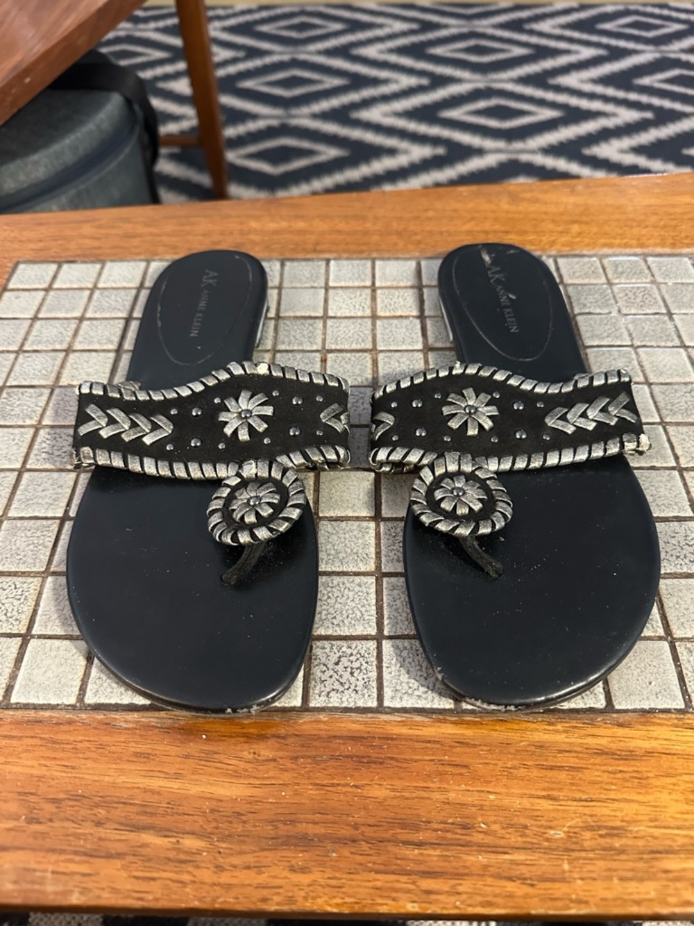Anne Klein Black Sandal with Silver Floral Embellishments